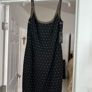 Carmen Marc Valvo Black Midi Dress with Gold Accents